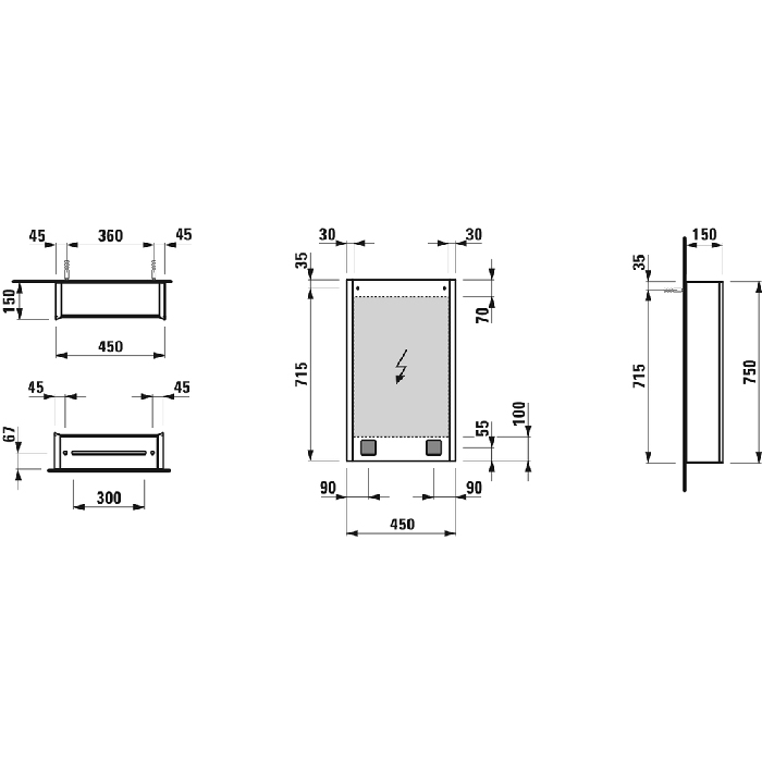Laufen Frame 25 Зеркальный шка 45x15x75см, алюминий, 1 дверца с зеркалом с 2х сторон, SX, сенс. выкл., 2 розетки, 2 верт-х эл-та LED-подсветки (регул-ая яркость), с окружающим освещением (внизу)