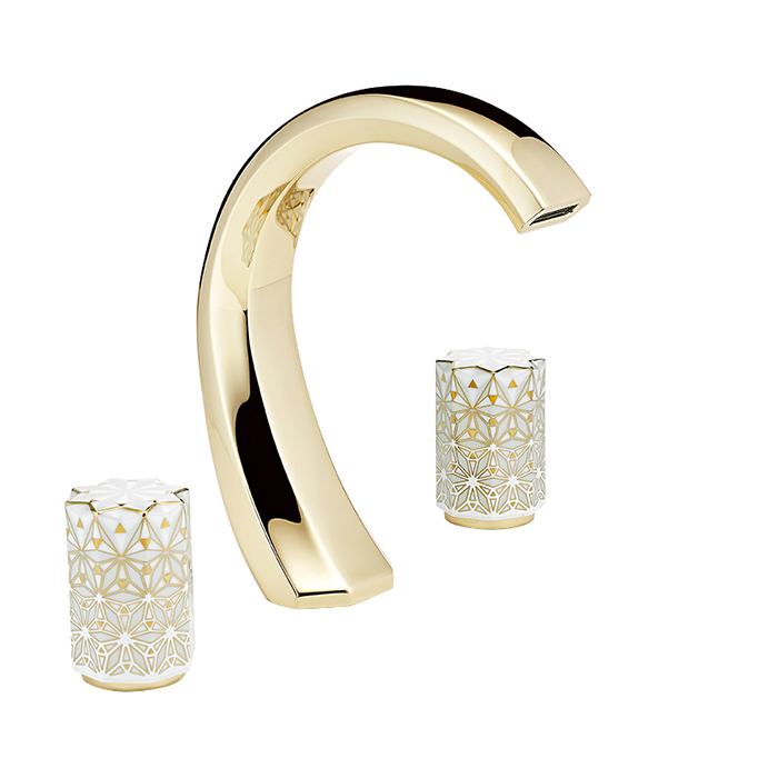 Смеситель для раковины THG Nihal Porcelaine Ivoire на 3 отверстия, с донным клапаном, цвет: Soft gold