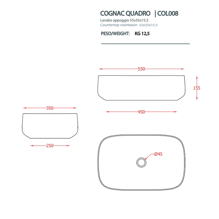 Artceram Cognac Раковина накладная Quadro 55x35 см, saniglaze, цвет: белый матовый