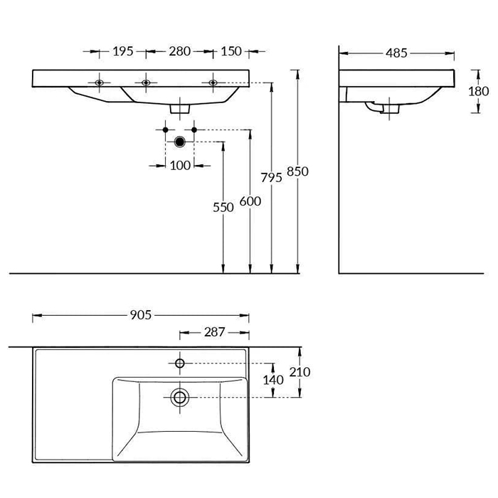 Kerama Marazzi Cubo Раковина 90х48.5х18см., подвесная, мебельная, правая, 1 отв., с переливом, цвет: белый глянцевый