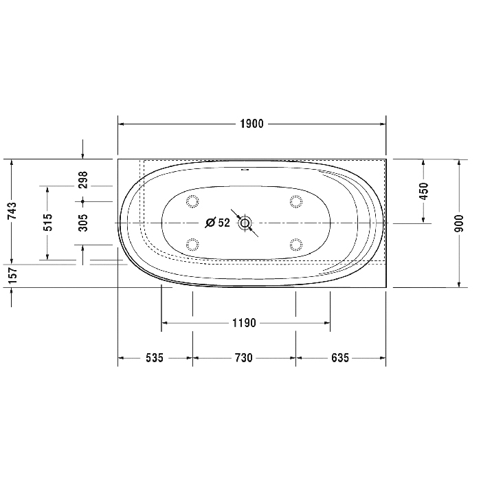 Duravit Cape Cod Ванна угол справа 190x90см с бесшовной панелью и ножками, с одним наклоном для спины, цвет: белый