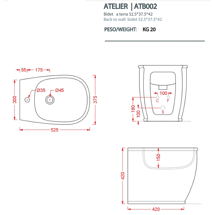 Artceram Atelier Биде напольное 52,5х37,5хh42см, с 1 отв под смеситель, цвет: белый