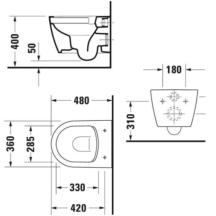 Duravit ME by Starck Унитаз подвесной укороченный Rimless 37х48см, вкл. крепление Durafix, 4,5л., 37х48см, белый