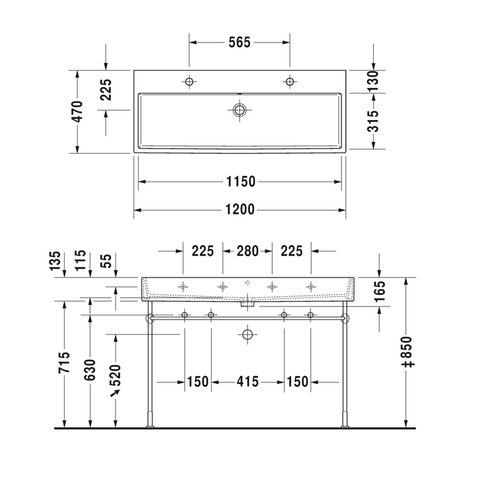 Duravit Vero Air Раковина 120х47см, подвесная, c 2 отв., с переливом, цвет: белый