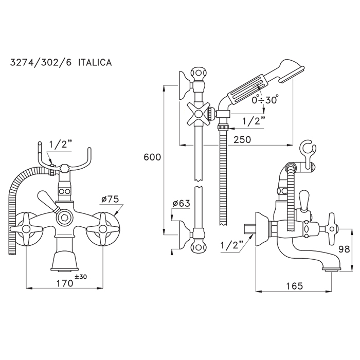 Stella Italica Смеситель для ванны 3274/302/6 со штангой и ручным душем, цвет: хром
