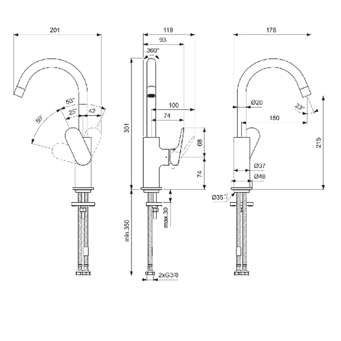 Ideal Standard Ceralife O Смеситель для раковины H21.5см., на 1 отв., с поворотным изливом, цвет: хром
