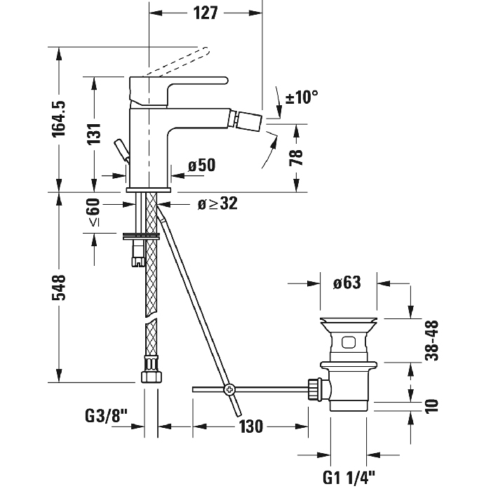 Смеситель для биде Duravit B.2, 1 отв., с донным клапаном, излив 127мм, цвет: хром