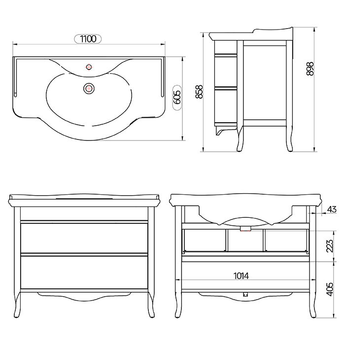 TW Armony Тумба с раковиной 112х62см, 2 ящика, доводчики Blum, цвет: Grafite/серебро античное