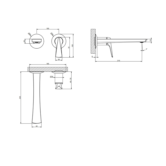 Внешняя часть Gessi Ventaglio настенного смесителя для раковины, цвет: Matte Black