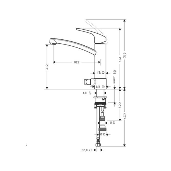 Hansgrohe Metris Смеситель для кухни 220, однорычажный, с запорным вентилем для посудомоечной машины