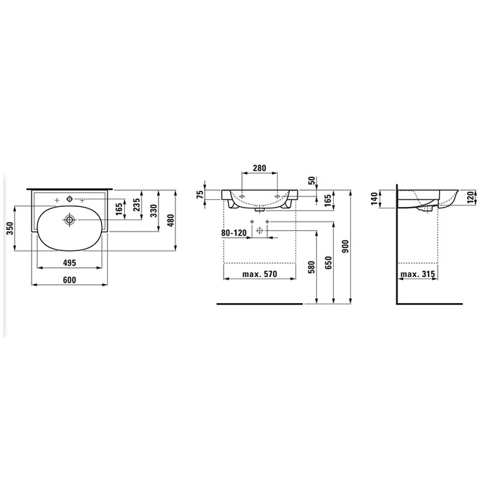 Laufen New Classic Раковина накладная 60х48х7.5см, с 3 отв., с переливом, цвет: белый матовый