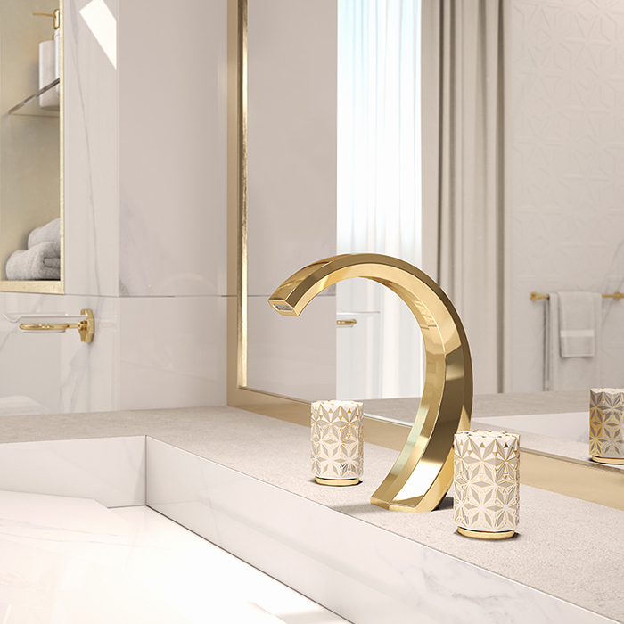 Смеситель для раковины THG Nihal Porcelaine Ivoire на 3 отверстия, с донным клапаном, цвет: Soft gold