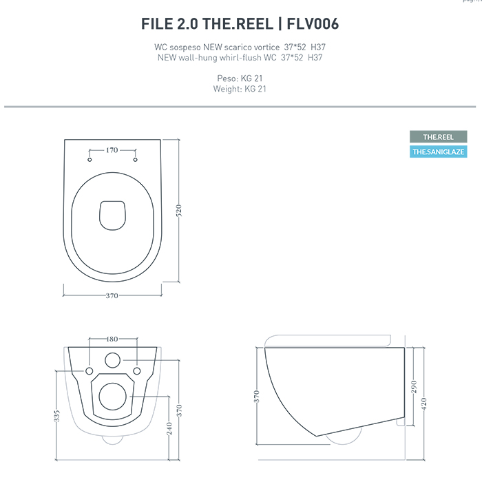 Artceram File 2.0 Унитаз подвесной 36х52см, безободковый, турбо смыв the.reel, saniglaze, цвет: salvia