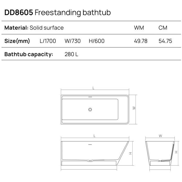 Dea Design Soul Ванна 170х73х60см, отдельностоящая, Solid Surface, цвет: White №18