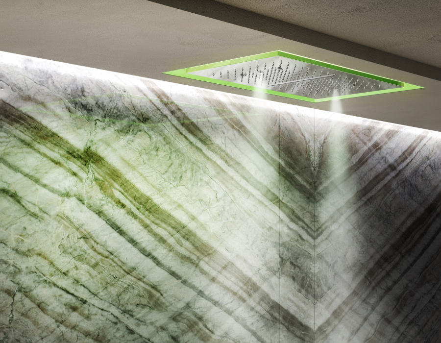 Скрытая часть душевой системы Gessi Afilo 300 × 500 мм, с режимами Тропический ливень, Водопад, Распыление и Хромотерапией, в комплекте пульт управления с держателем, цвет: Matte White