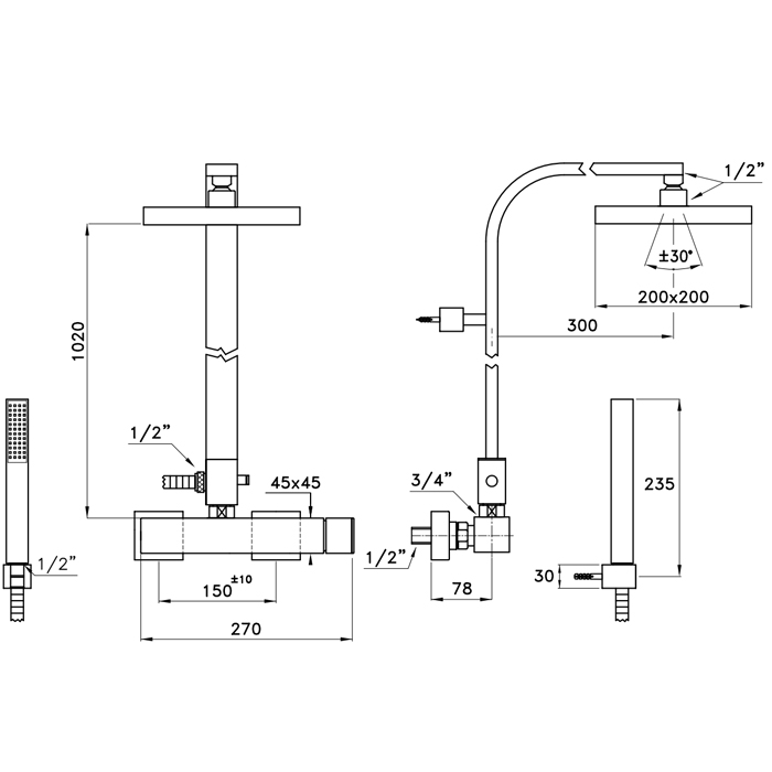 Душевой комплект Stella Bamboo Quadro 3283/420/304-200: смеситель, штанга+ручной+верхний душ 200мм, цвет: хром