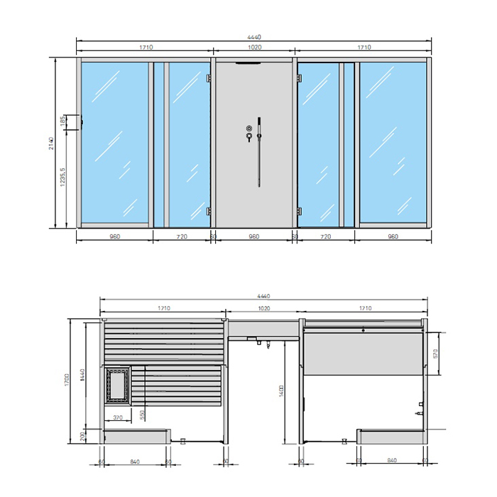 Effegibi Yoku Spa Glass Сауна&Хаммам 444x170х217см, в нишу, цвет: чёрный орех/Fior di Bosco Tortora