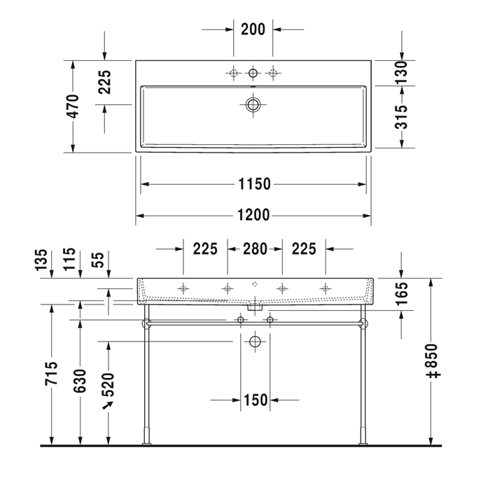 Duravit Vero Air Раковина 120х47см, подвесная, c 2 отв., с переливом, шлифованная, цвет: белый
