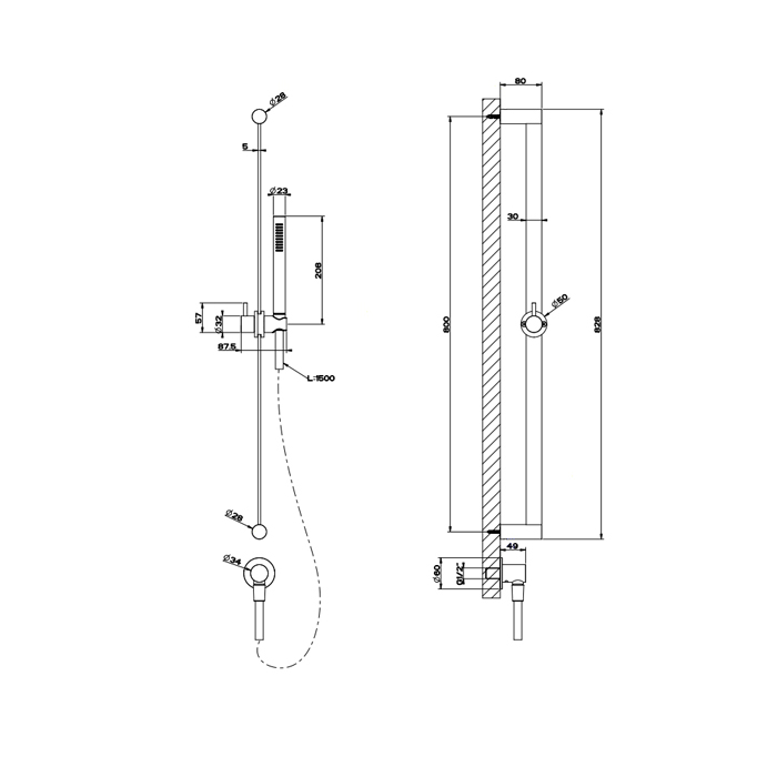 Штанга в комплекте с душевой лейкой с легкой очисткой Gessi Shower316, шланг 1,50 м, вывод воды из стены, цвет: шлифованная сталь