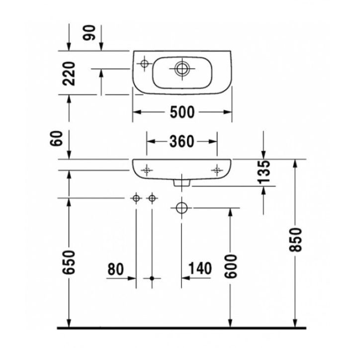 Duravit D-Code Раковина 50x22см., подвесная, без отв., с переливом, цвет: белый