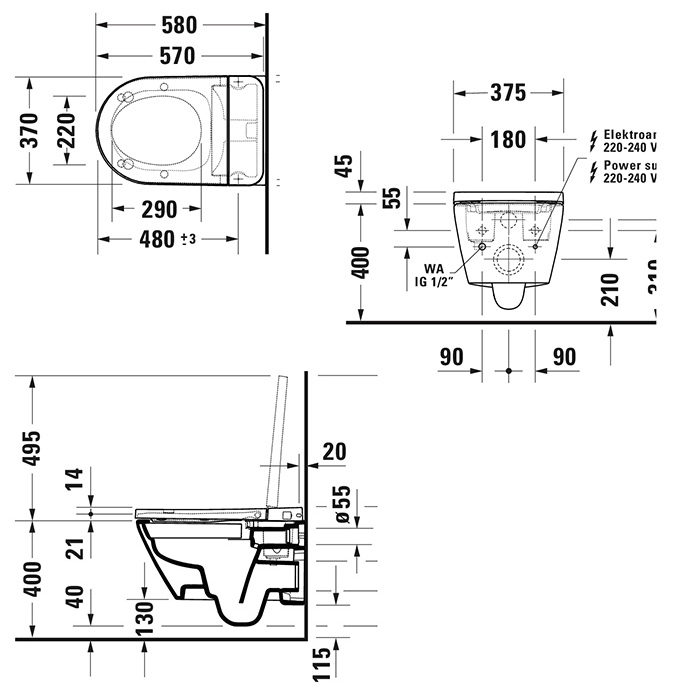 Duravit D-Neo Унитаз подвесной, безободковый, с сиденьем Sensowash, инсталляцией и клавишей, покрытие Hygieneglaze, цвет: белый