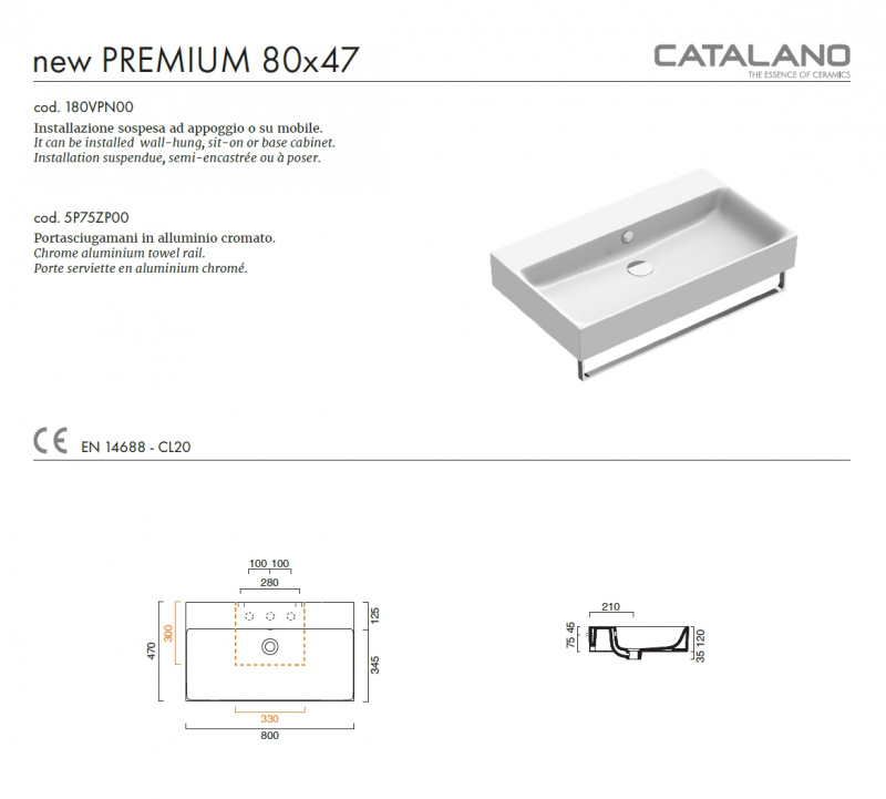 Раковина Catalano New Premium Раковина Catalano 80x47 0220800001 / 180VPN00