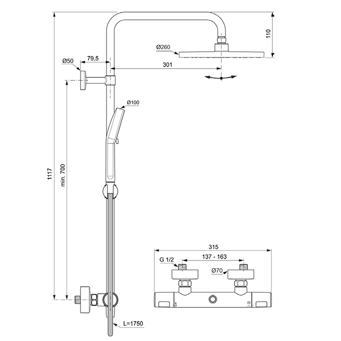 Ideal Standard Ceratherm T25 Душевая стойка, с термостатическим смесителем, ручным душем и шлангом, корпус Coolbody, руч. душ: 2 режима, верх. душ: 25см., цвет: хром