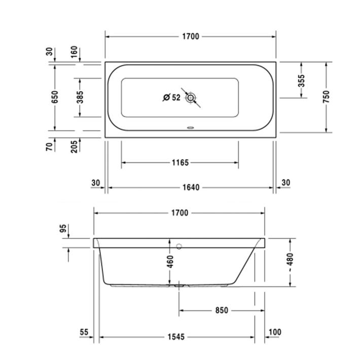 Duravit Happy D.2 Ванна акриловая 170х75x48см, прямоугольная .встраиваемая версия, с наклоном для спины справа, цвет: белый