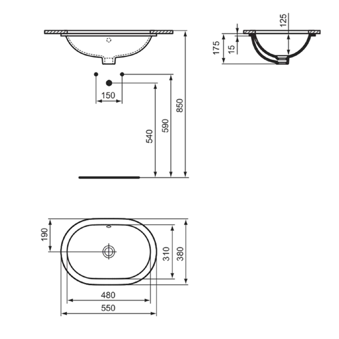 Ideal Standard Connect Раковина 55x38см., встраиваемая снизу, без отв., цвет: белый