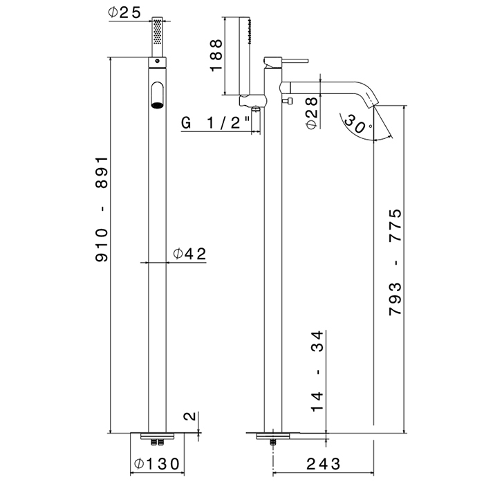 Newform X-STEEL 316 Смеситель для ванны напольный, излив 243 мм, в компл: руч. душ, шланг, без встр. части, цвет: PVD Brushed pale gold
