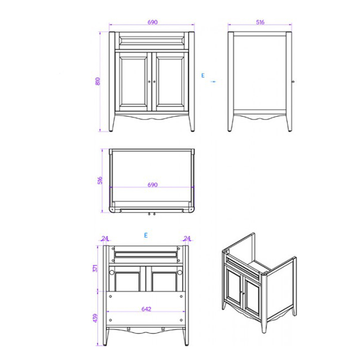 TW Veronica, База с раковиной Simas AR834bi*1 73x54см с 1отв. под смеситель, 2 расп. дверки, доводч. Blum, ручки: Riflesso бронза, напольная, цвет: Vintage
