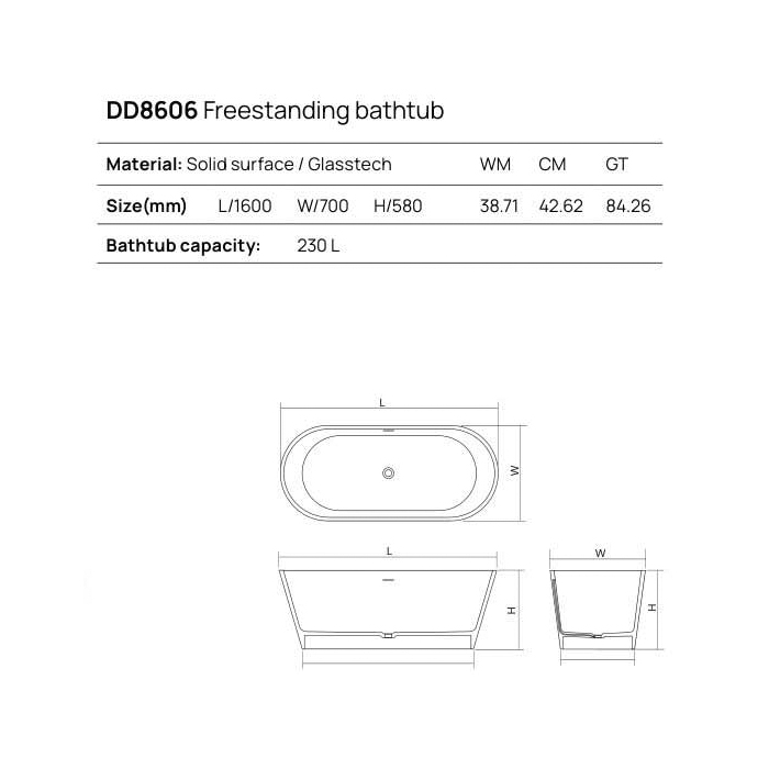 Dea Design Shadow Ванна 160х70х58см., отдельностоящая, Solid Surface, цвет: Black №16