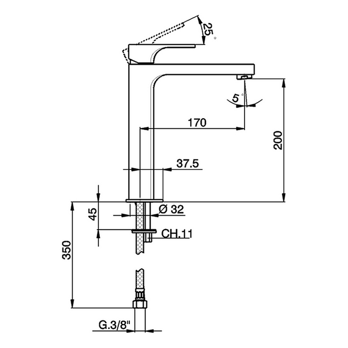 Смеситель для раковины Cisal Cubic на 1 отв., h20см, без донного клапана, цвет: Nichel Spazzo