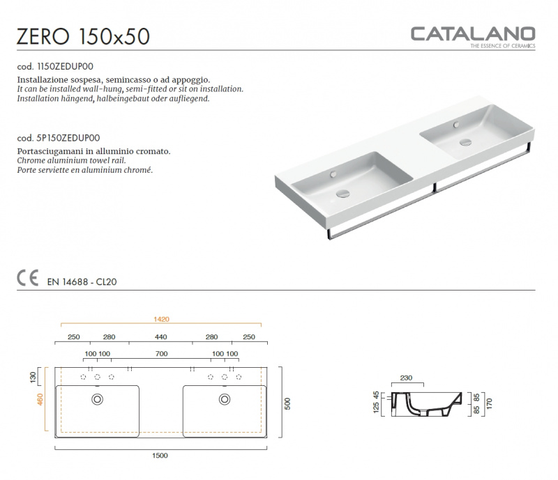 Раковина Catalano New Zero 150x50 0121520001 / 1150ZEDUP00