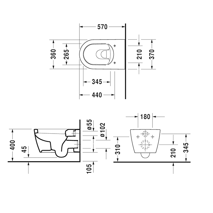 Duravit ME by Starck Унитаз подвесной, 37x57см, с вертикальным смывом, вкл. крепление Durafix, цвет: белый матовый