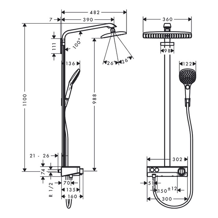 Hansgrohe Raindance Select E 360 Showerpipe 1 jet Душевая система, с верхним душем 36х19см, ручным дешем, и термостатическим смесителем, цвет: хром/белый