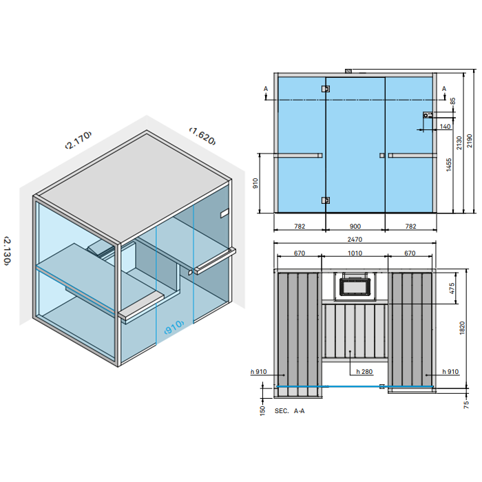 Effegibi Air 80 Corner Сауна 247x162x213см, угловая SX, цвет: осина натуральная