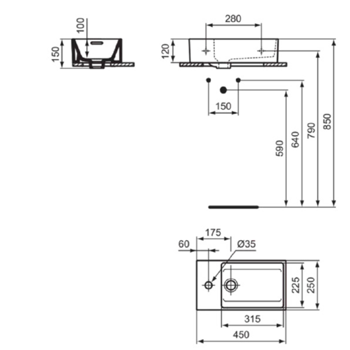 Ideal Standard Extra Раковина 45х25xh12см., подвесная, с 1 отв., Sx, с крепежом, цвет: белый глянец