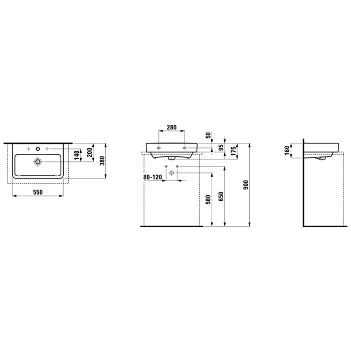 Laufen Pro Раковина накладная пристенная 55x38x9.5см, с 1 отв., цвет: белый