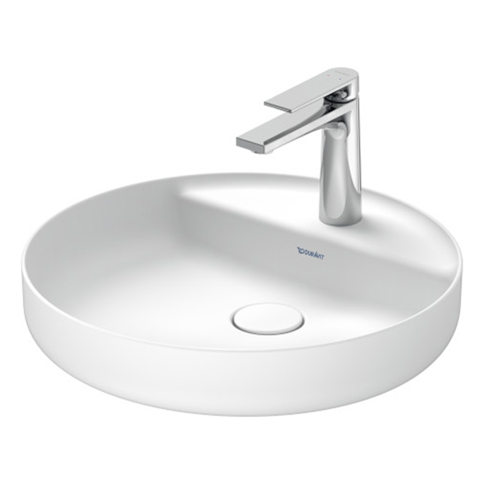 Раковина накладная Duravit Vitrium 46см, с 1 отв., круглая, из DuroCast UltraResist, без перелива, с полкой, цвет: белый матовый