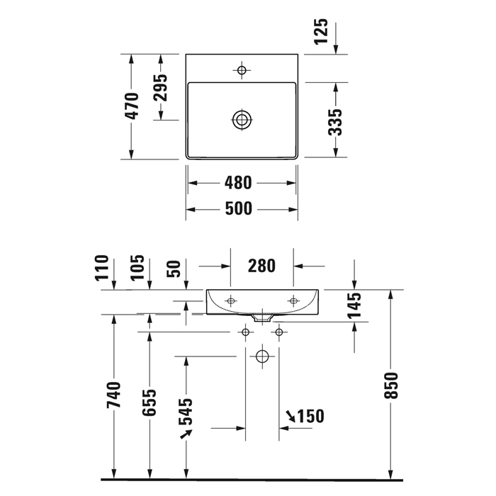 Раковина подвесная Duravit DuraSquare 50х47см, с отметками на 2 отв., без перелива, с покрытием WonderGliss, цвет: белый