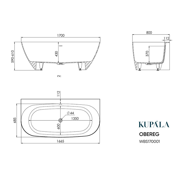 Ванна Kupala Obereg пристенная, 170x80x61см, искусственный камень, цвет: белый матовый