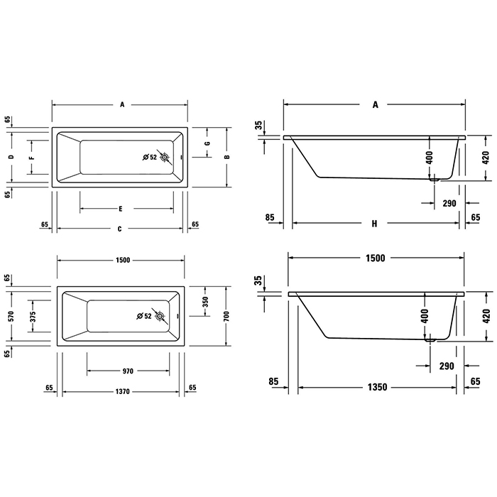 Duravit D-Neo Ванна 150х70х42см, отдельностоящая, DuraSolid, со сливом (без перелива), цвет: белый