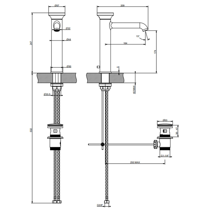 Смеситель для раковины Gessi Origini, на 1 отв., излив 20.9см, цвет: Finox Br. Nickel