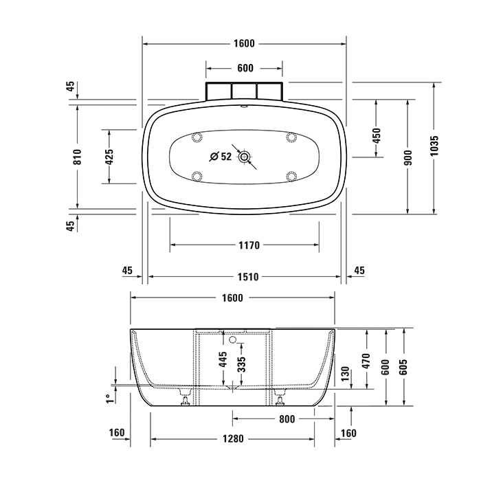 Duravit Aurena Ванна пристенная 160x103.5см, материал DuroCast Plus, сливной гарнитур, цвет: белый матовый