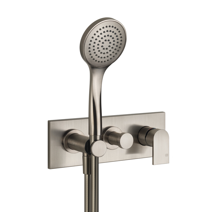 Смеситель для душа Gessi Emporio Via manzoni, встраиваемый, на 2 позиции с переключателем, с подводом воды и держателем лейки, душевой лейкой и шлангом, цвет: Finox Brushed Nickel