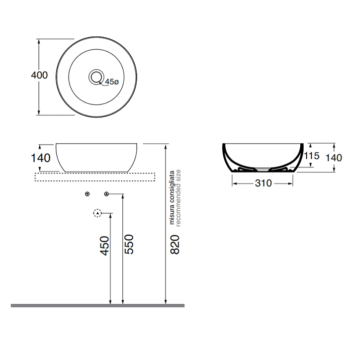 Azzurra Elegance Circle Раковина круглая накладная, Ø40xH14 см, без отв., без перелива, цвет: Cotone