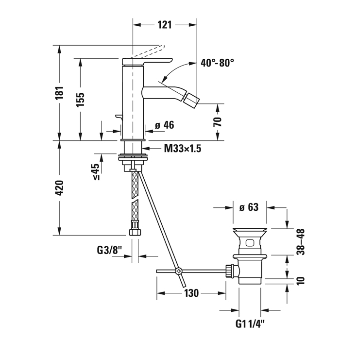 Смеситель для биде Duravit C.1, 1 отв., с донным клапаном, излив 121мм, цвет: хром