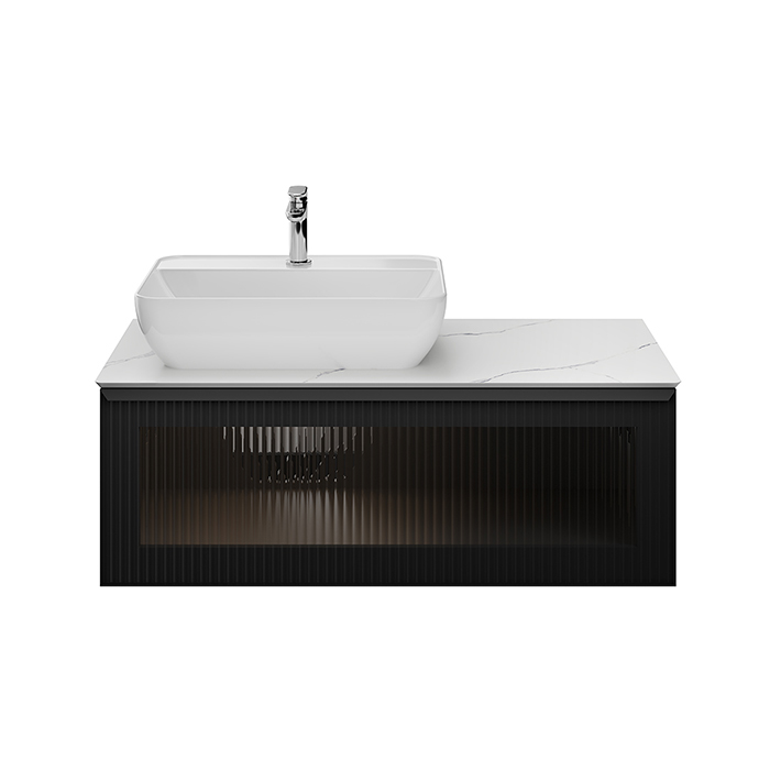 Kerama Marazzi Iconico Тумба подвесная 100 с рифленым стеклом, столешница керамогранит Монте Тиберио, цвет: черный