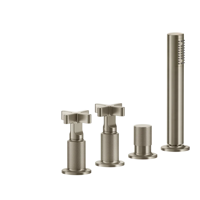 Смеситель для ванны Gessi Inciso на 4 отверстия для наполнения через слив-перелив, переключатель, с ручным душем, цвет: finox